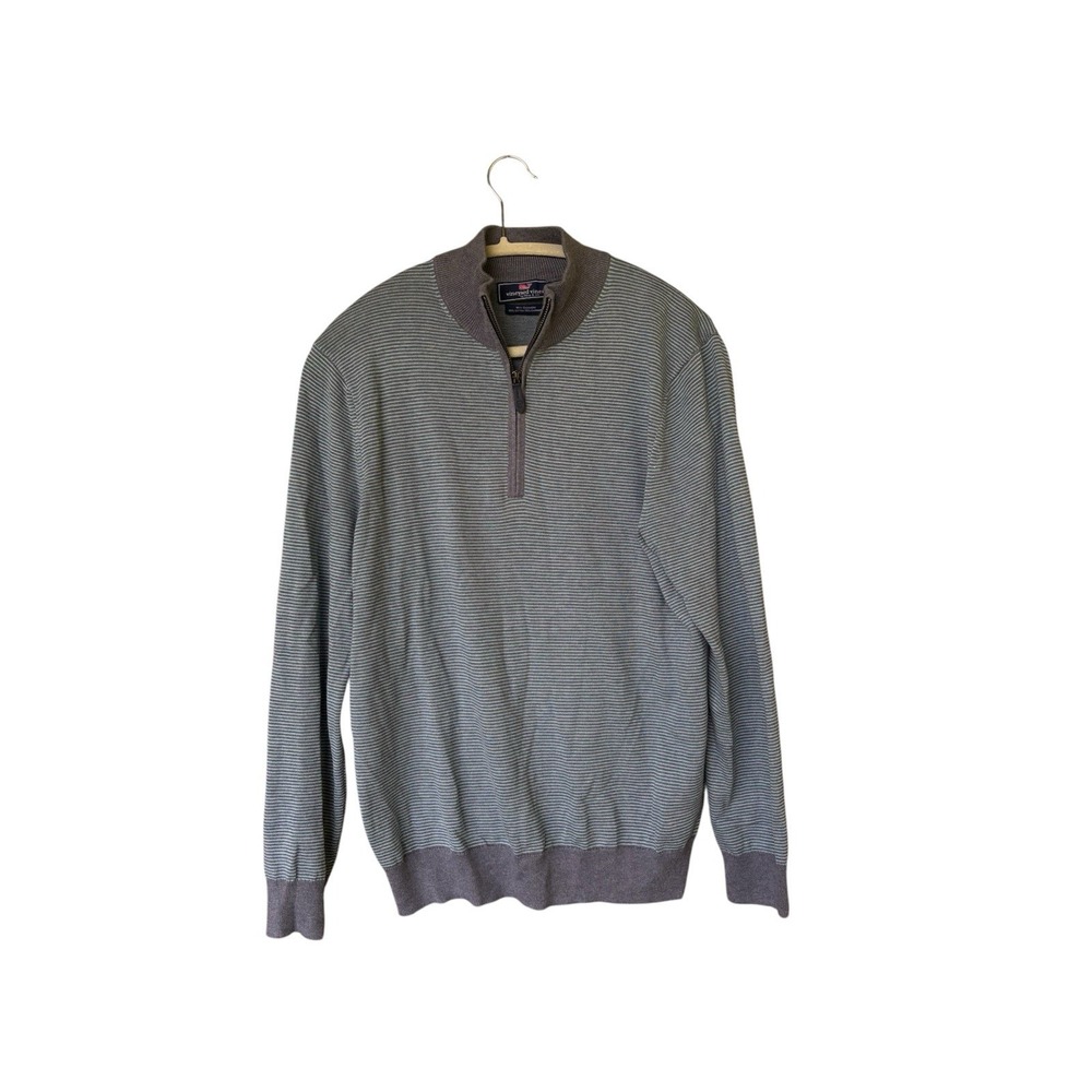 Vineyard Vines Men's Medium 1/4 Zip Sweater Gray Striped Cotton Cashmere Blend‎